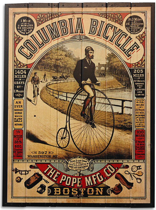 Sjovt gammel plakat omkring Columbia Bicycle lavet på plankeboard incl. ophæng.&nbsp;
Motivet fås i 3 størrelser.