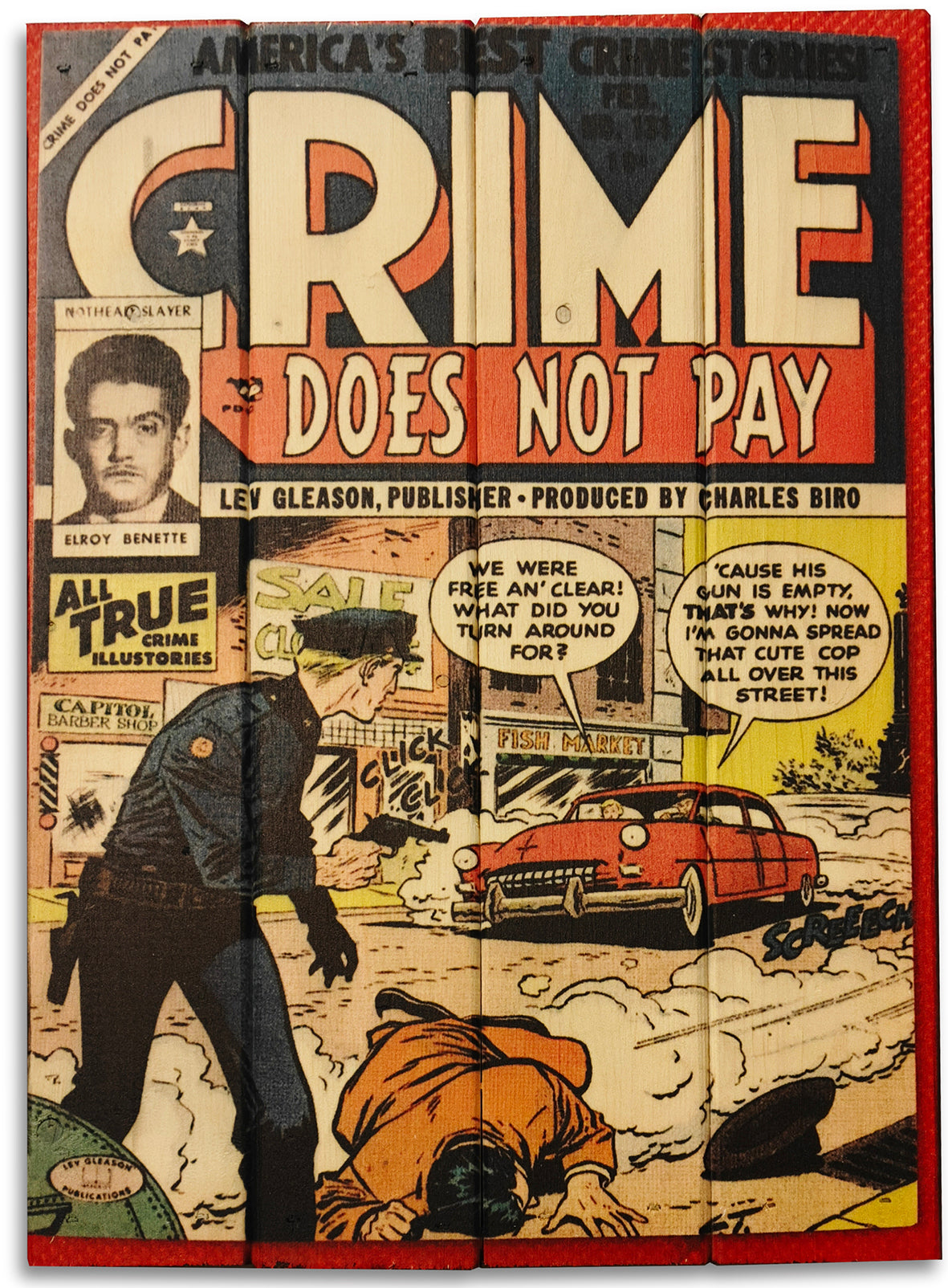 "CRIME - does not pay" er forsiden på en vintage tegneserien af sammen navn, lavet på plankeboard incl. ophæng.