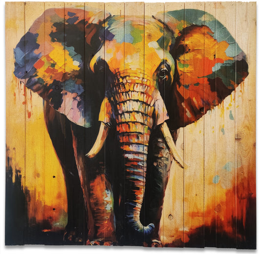 Farverig elefant lavet på plankeboard