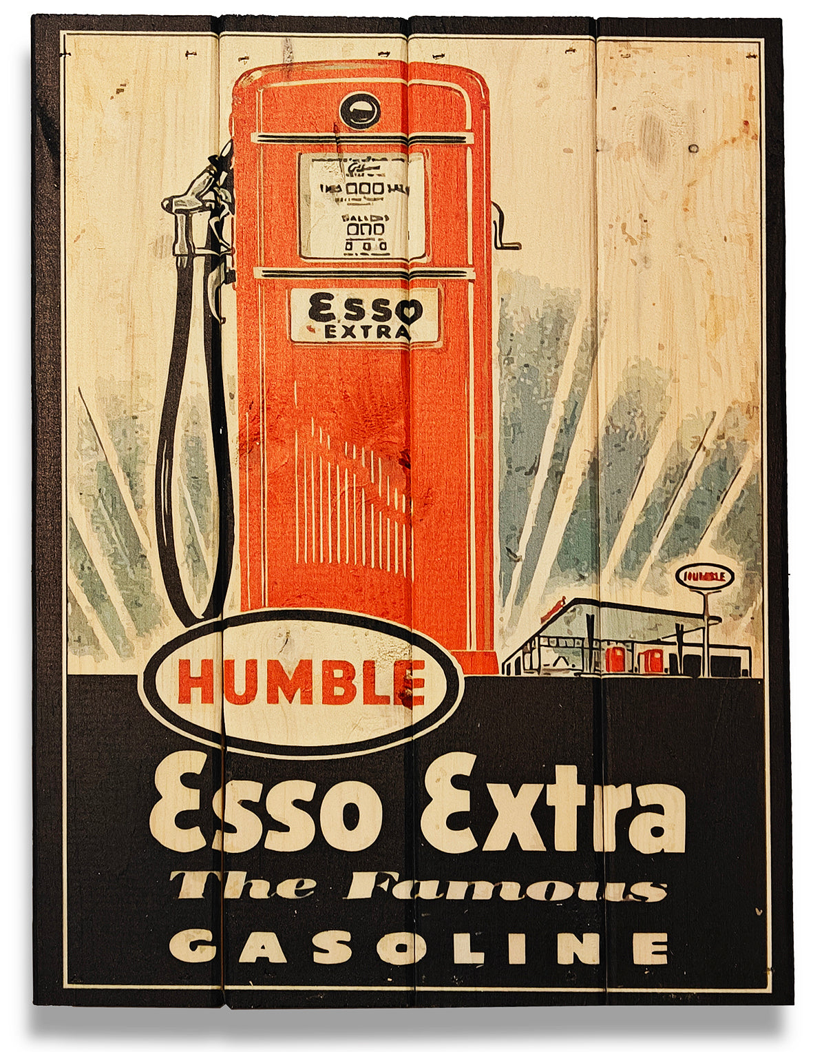 Vintage Esso Extra reklame lavet på plankeboard