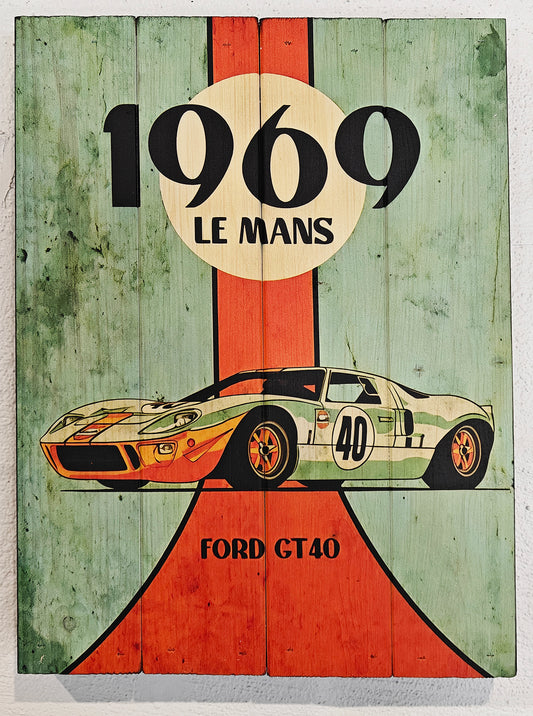 Vintage Ford GT80 Le Mans plakat fra 1969 lavet på plankeboard incl. ophæng