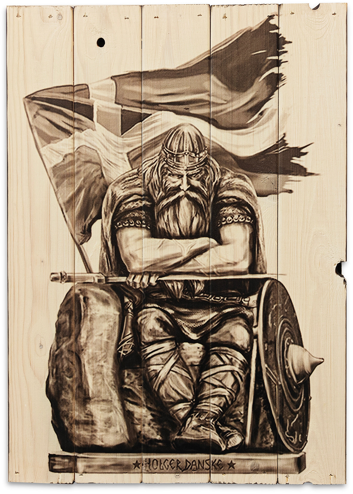 Holger Danske med dannebrog i S/H på plankeboard inkl. ophæng.