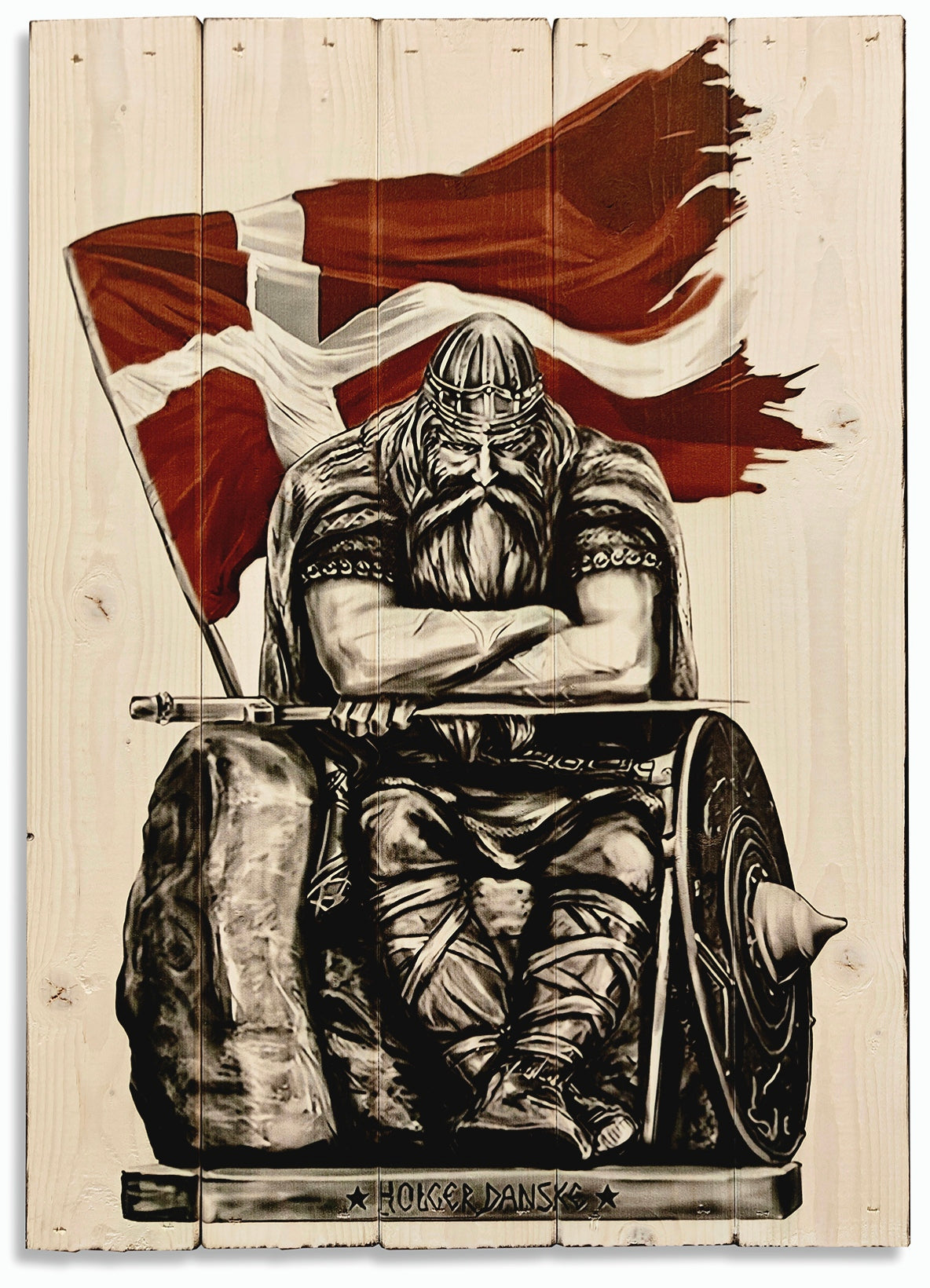 Holger Danske hvor Dannebrog bagved er mørkerød, produceret på plankeboard inkl. ophæng.&nbsp;