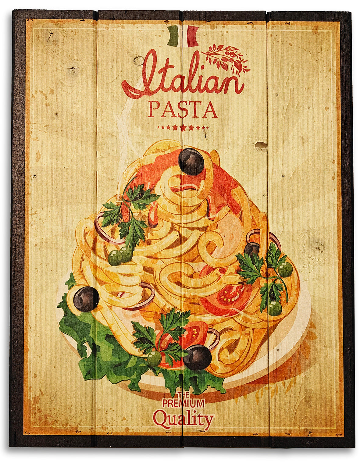 Reklame i retro stil af Italian Pasta lavet på plankeboard