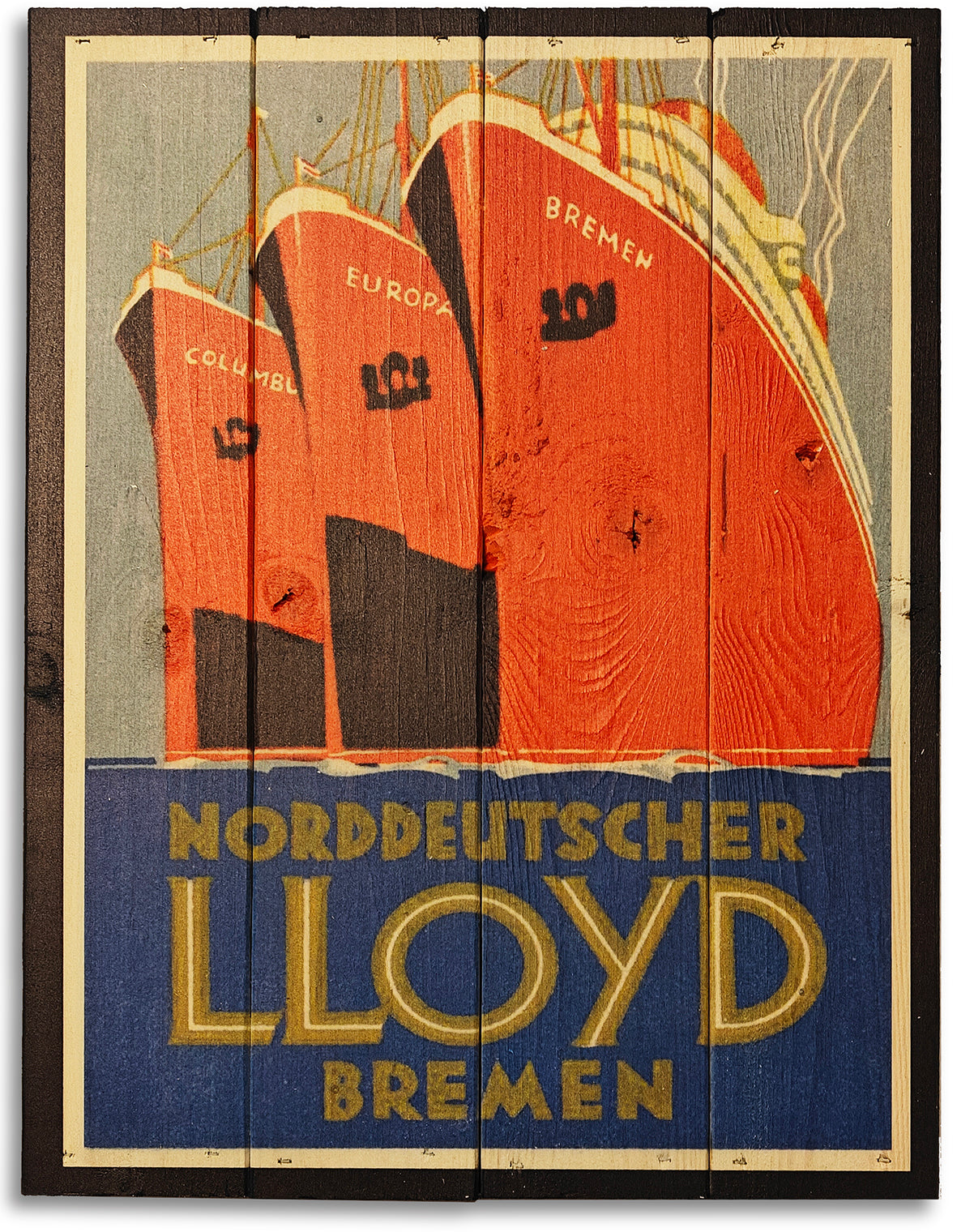 Vintage plakat fra 1929 af Norddeutscher Lloyd lavet på plankeboard