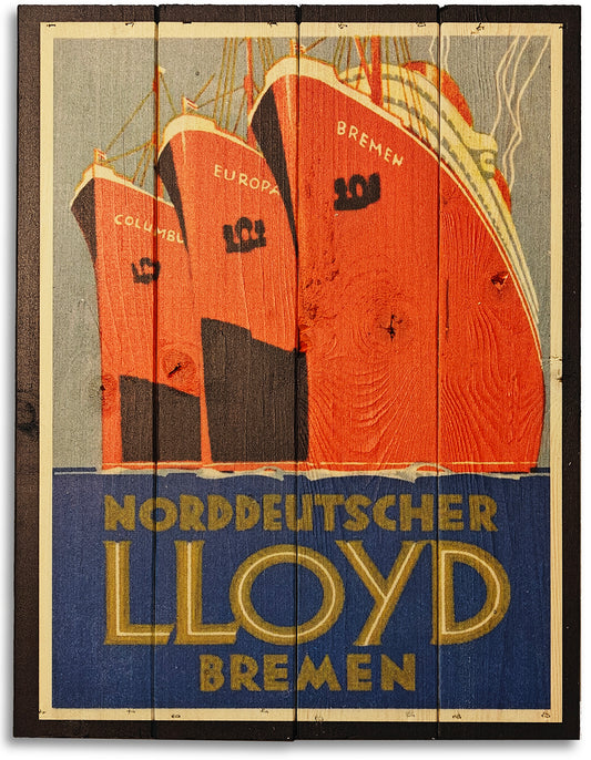 Vintage plakat fra 1929 af Norddeutscher Lloyd lavet på plankeboard