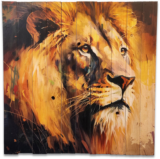 Farverig Løve el lion lavet på plankeboard, fås i flere størrelser.