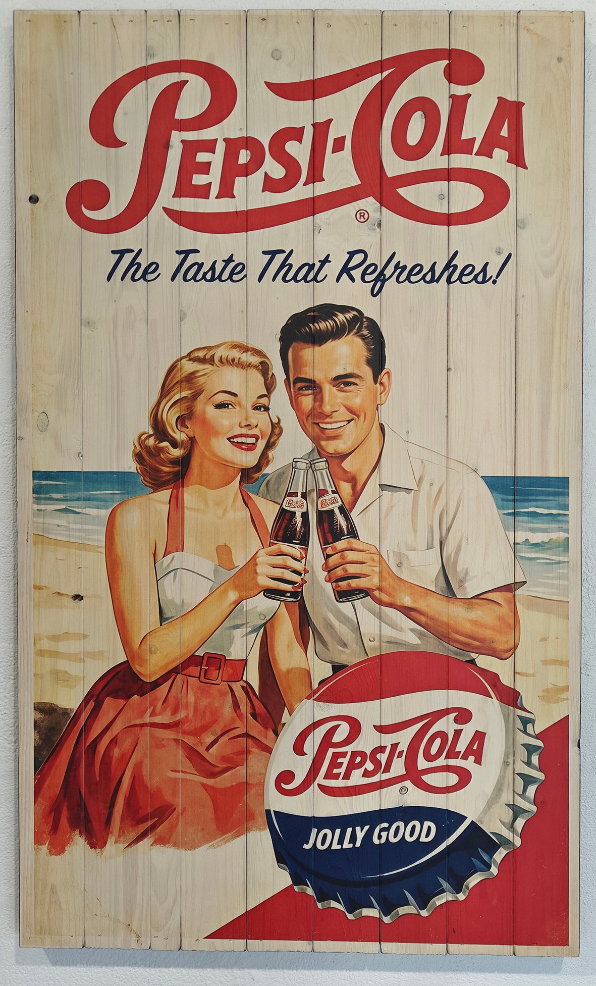 Vintage Pepsi Raklame lavet på plankeboard.