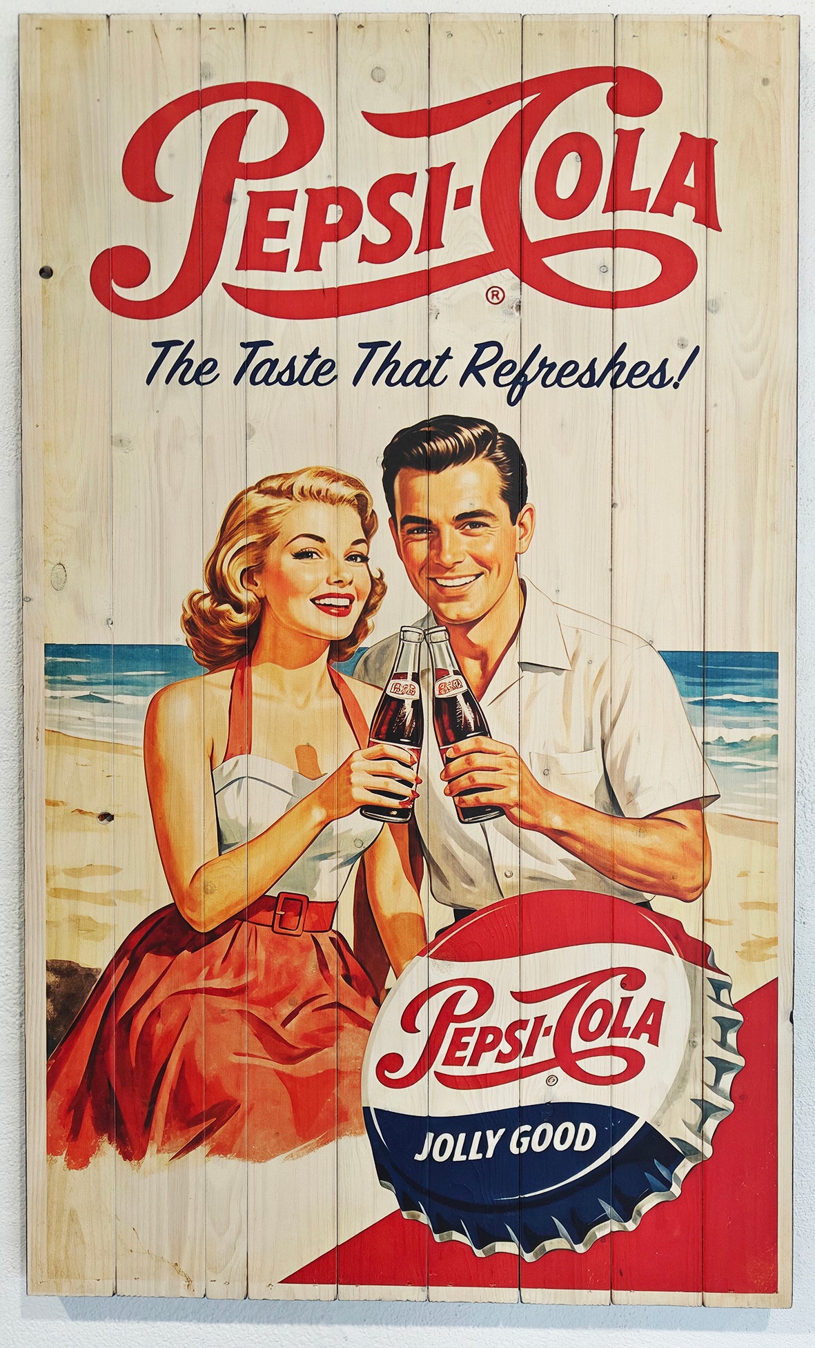 Vintage Pepsi Raklame lavet på plankeboard.
