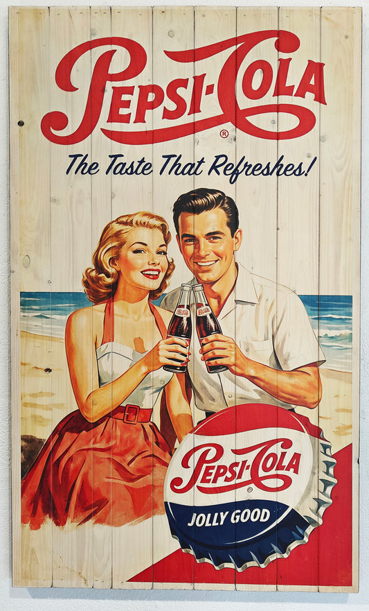 Vintage Pepsi Raklame lavet på plankeboard.