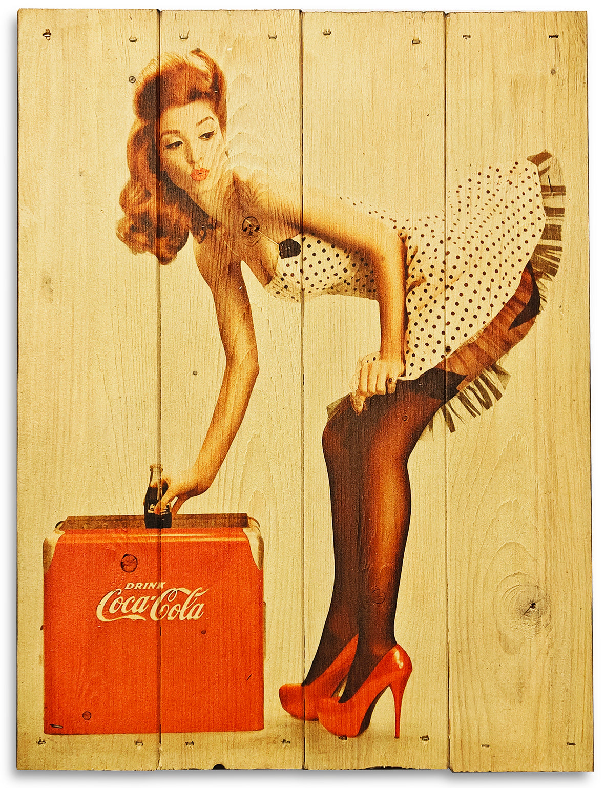 Coca-Cola Pin-up reklame lavet i 50'er stil produceret på plankeboard