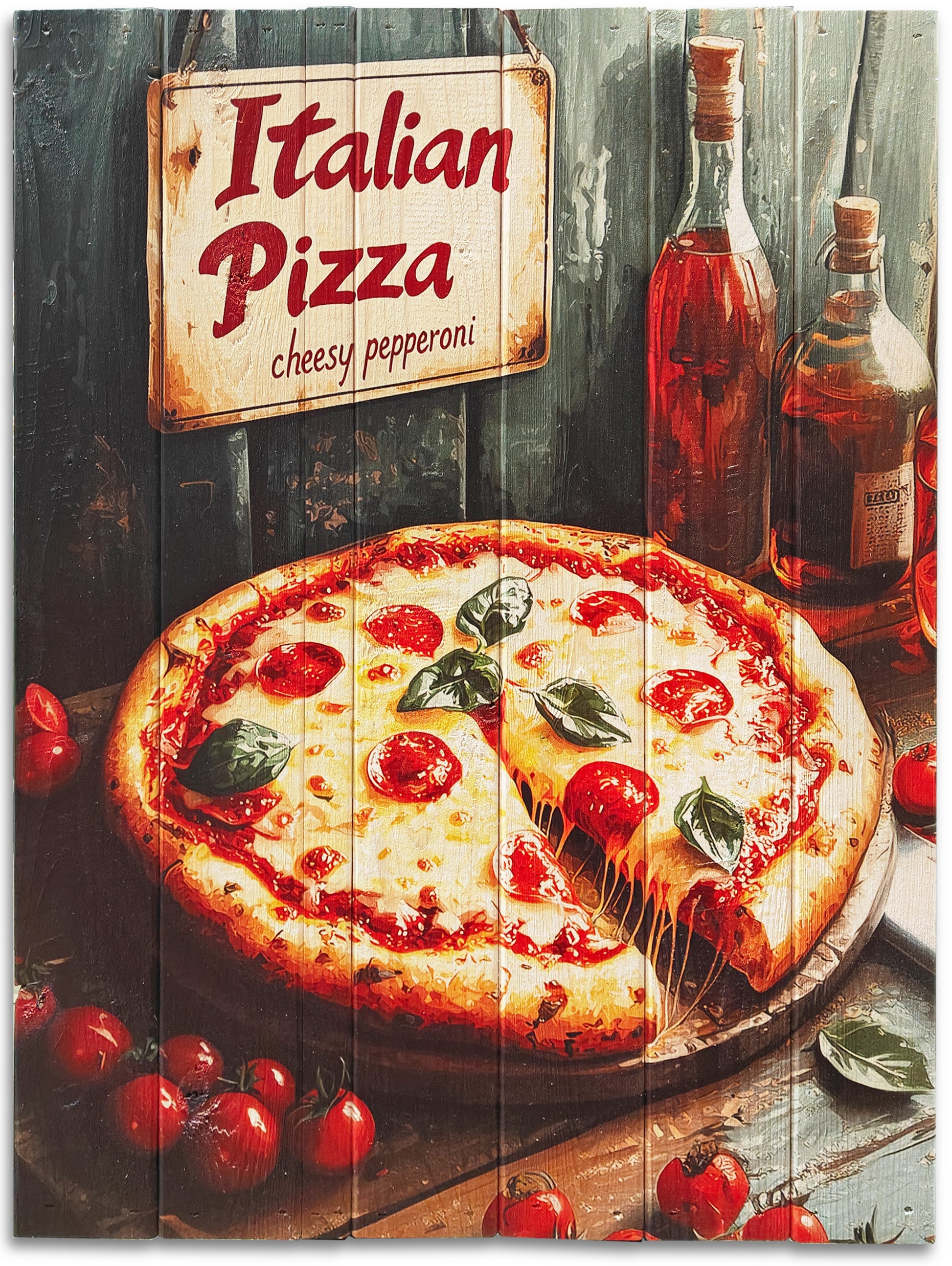 Italian pizza motiv lavet på plankeboard incl. ophæng.&nbsp;