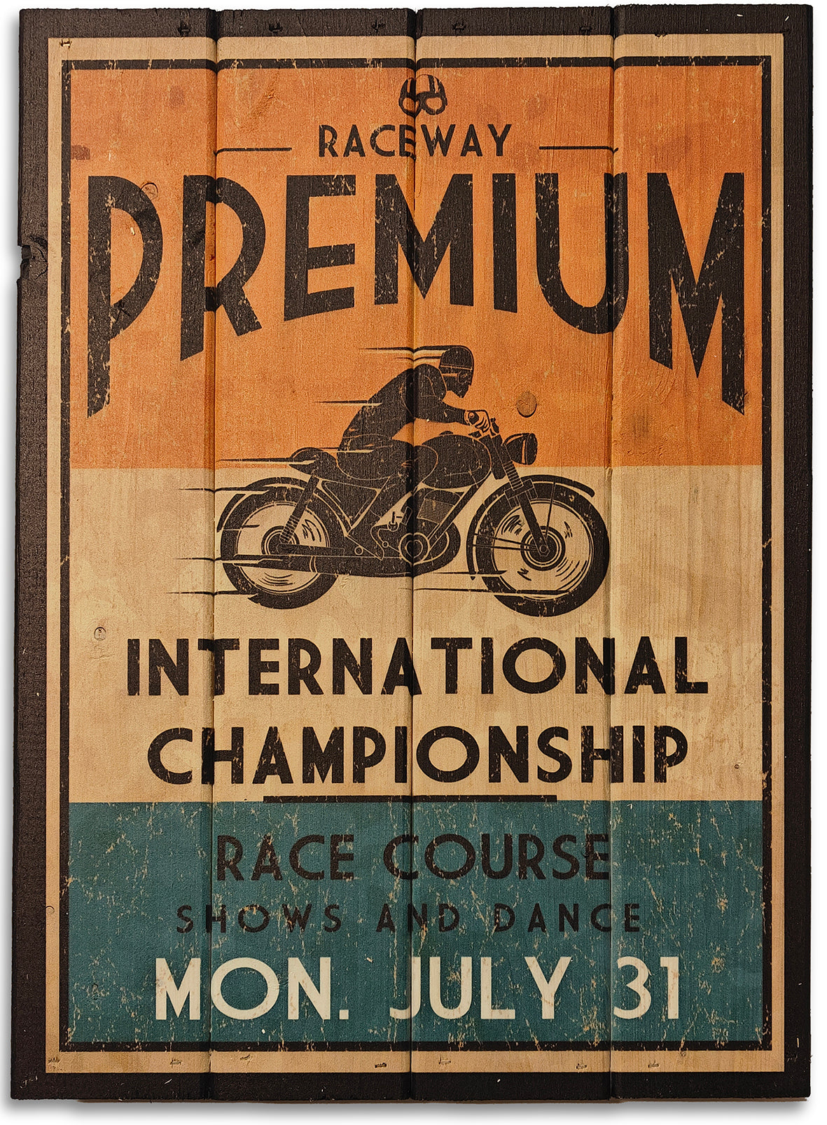 Vintage Raceway plakat lavet på plankeboard.