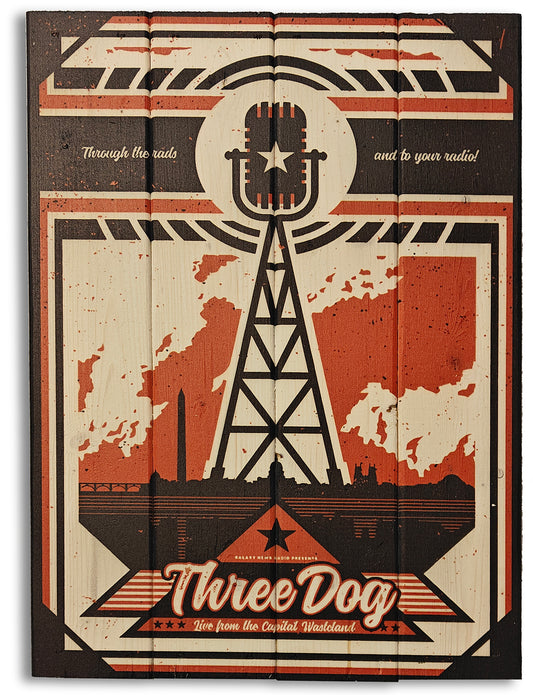 Three Dog Radio plakat lavet i retro stil på plankeboard