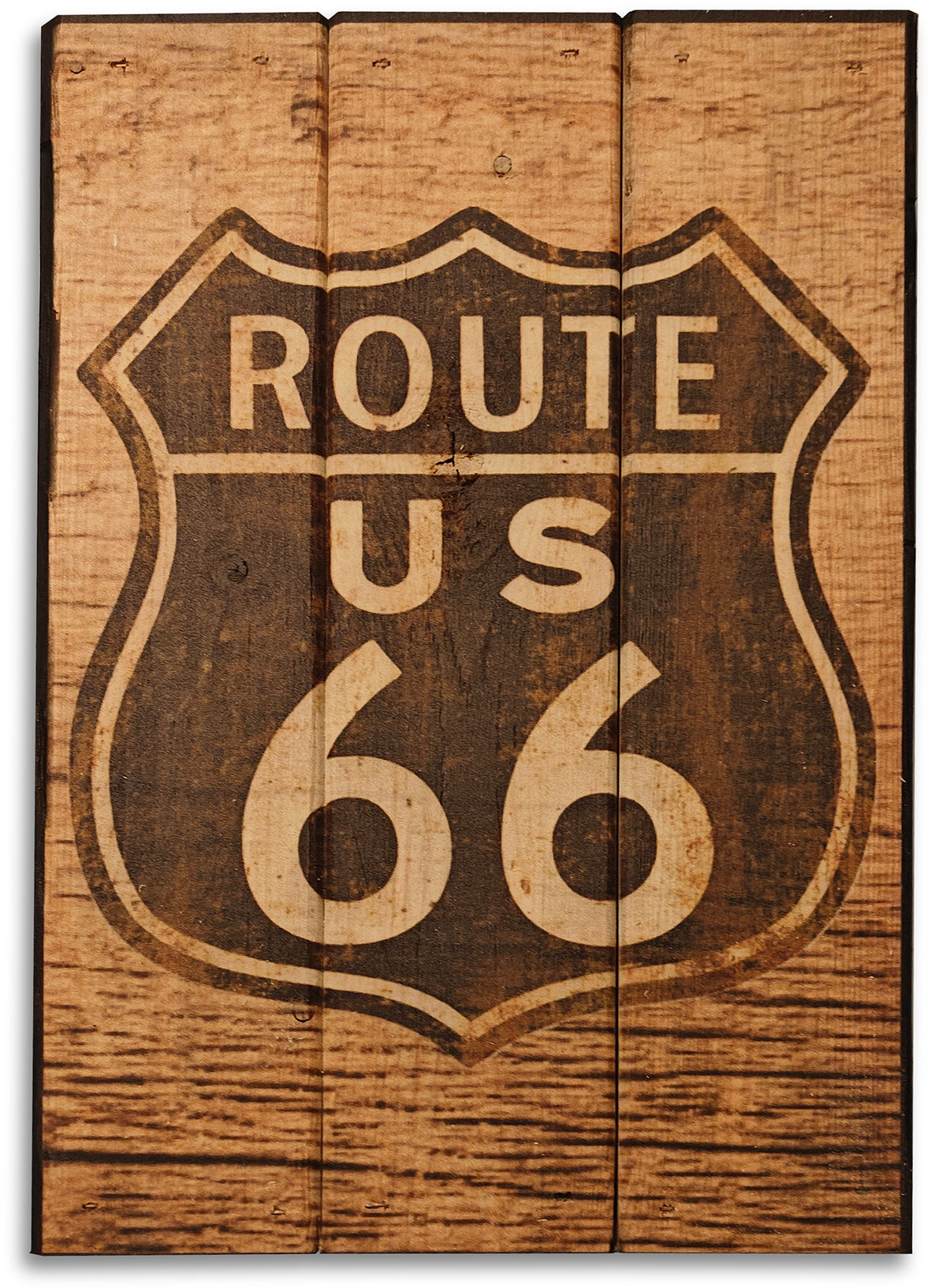 Det ikoniske Route 66 skilt lavet på plankeboard