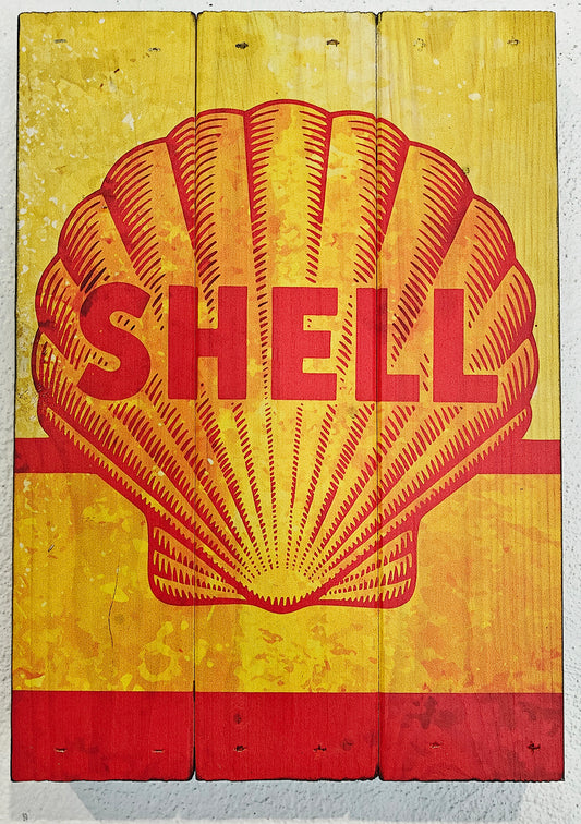 Gammelt Shell logo på plankeboard incl. ophæng, motivet fås i 3 størrelser.
