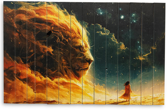 Fantasy billede af kvinde i ørken med løve, lavet på plankeboard