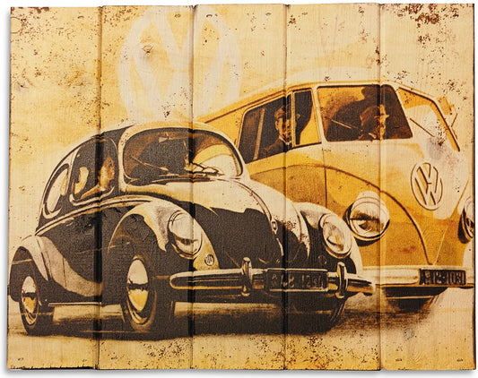 Vintage VW motiv lavet på plankeboard