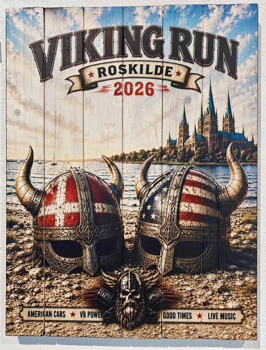 WallZoo-motivet “Viking Run V3” på plankeboard, produceret i forbindelse med Viking Run i Roskilde 2026.